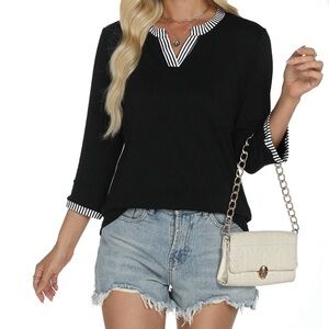 Striped-Trim Black Long Sleeve V-Neck Top